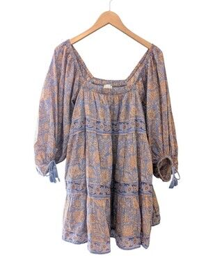 Cleobella Hattie Print Boho Tiered Mini Dress S Tassel Sleeve Organic Cotton